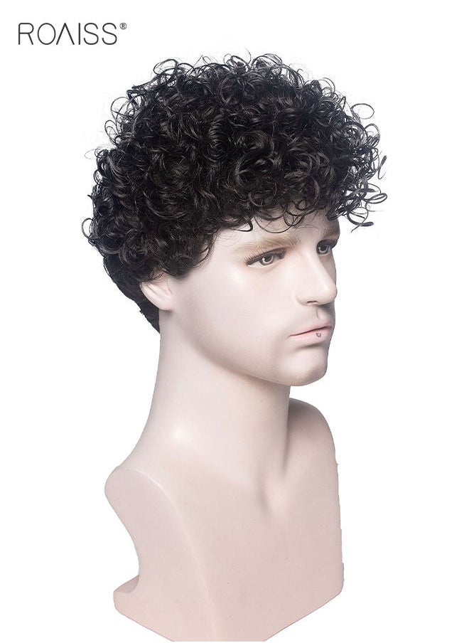 roaiss - Men's Hair Wig, Short Curly Synthetic Natural Heat Resistant Fiber Breathable Hair Wig for Male for Daily Wear, Party, Costume, Cosplay, Black, 16.5cm - Image 1