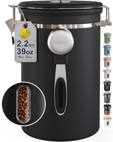 Veken Large Coffee Canister with Window Kitchen Food Storage Airtight Stainless Steel Container for 22lbs Coffee Beans Grounds RiceTea Flour Cereal Sugar JarsDate Tracker and Scoop 39ozBlack - Image 1