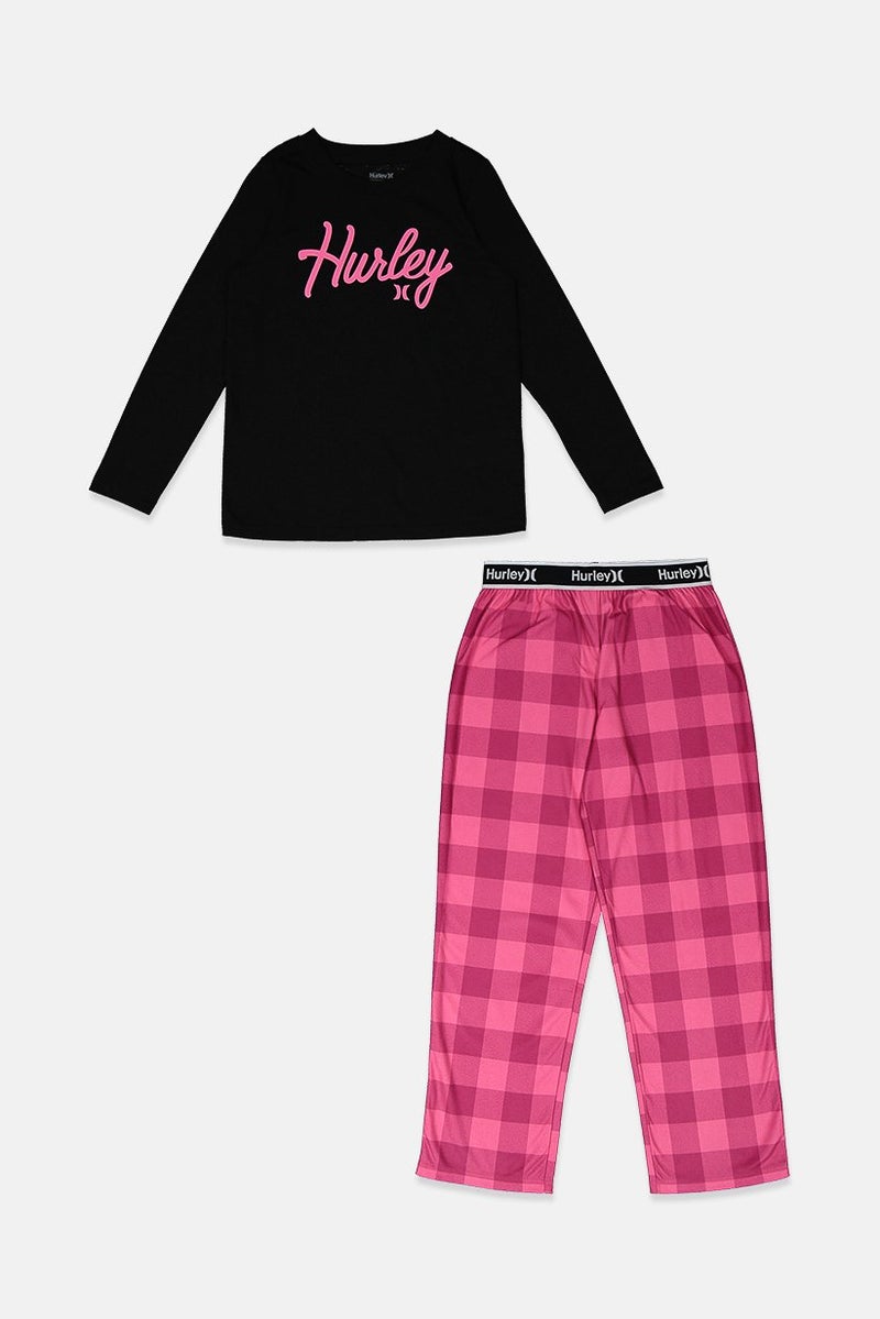 Hurley Kid Girls 2 Pieces Top And Pants Sleepwear Set, Black and Pink  - Image 1