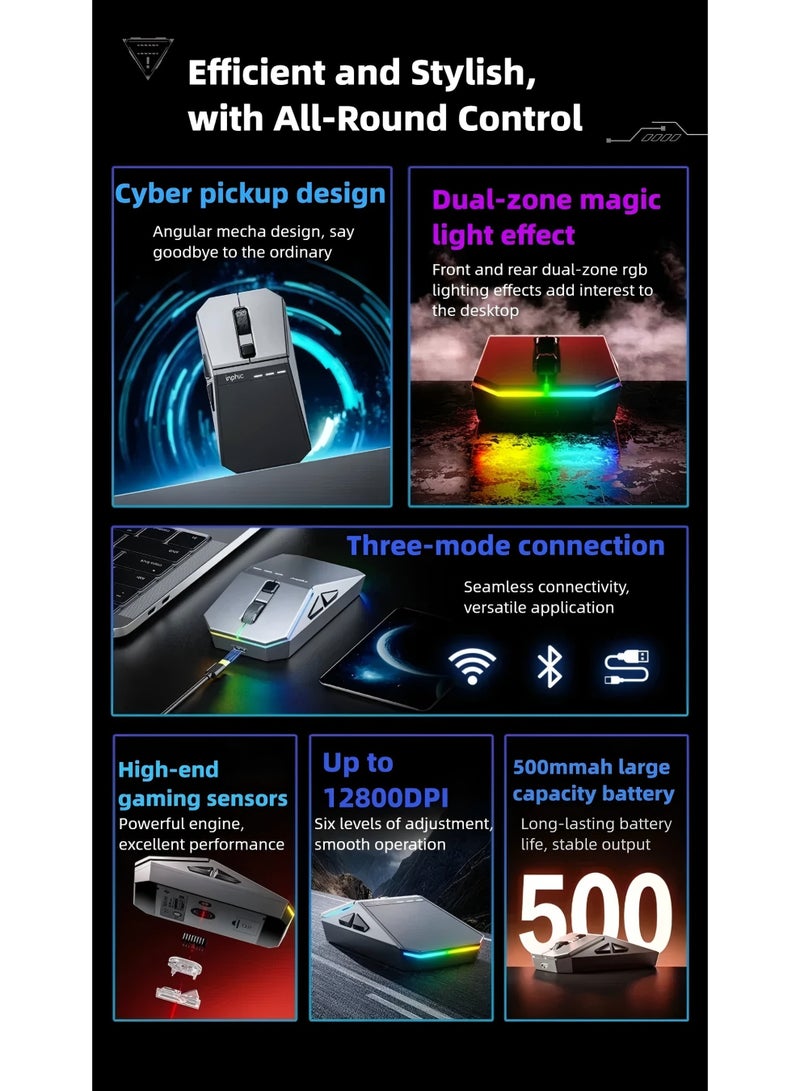 إنفيك ماوس قيمنق بتصميم سايبربانك ثلاثي الوضع 2.4G/بلوتوث/سلكي، إضاءة RGB مزدوجة، دقة 12800 DPI مع 6 مستويات، نقر هادئ، شريحة ألعاب، بطارية 500mAh، شحن Type-C، متوافق مع Windows و macOS و Android و iOS - Image 2