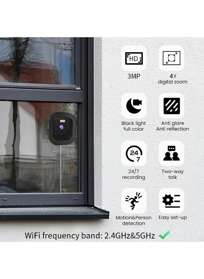 زيترا كاميرا نافذة 3MP ، كاميرا داخلية WiFi مزدوجة النطاق 5GHz / 2.4GHz مع رؤية ليلية ملونة AI Starlight ، الكشف عن حركة شخص AI ، تسجيل 7 أيام وأقوسين تركيب ، كاميرا الأمن المنزلي للاستخدام الداخلي (أسود) - Image 4