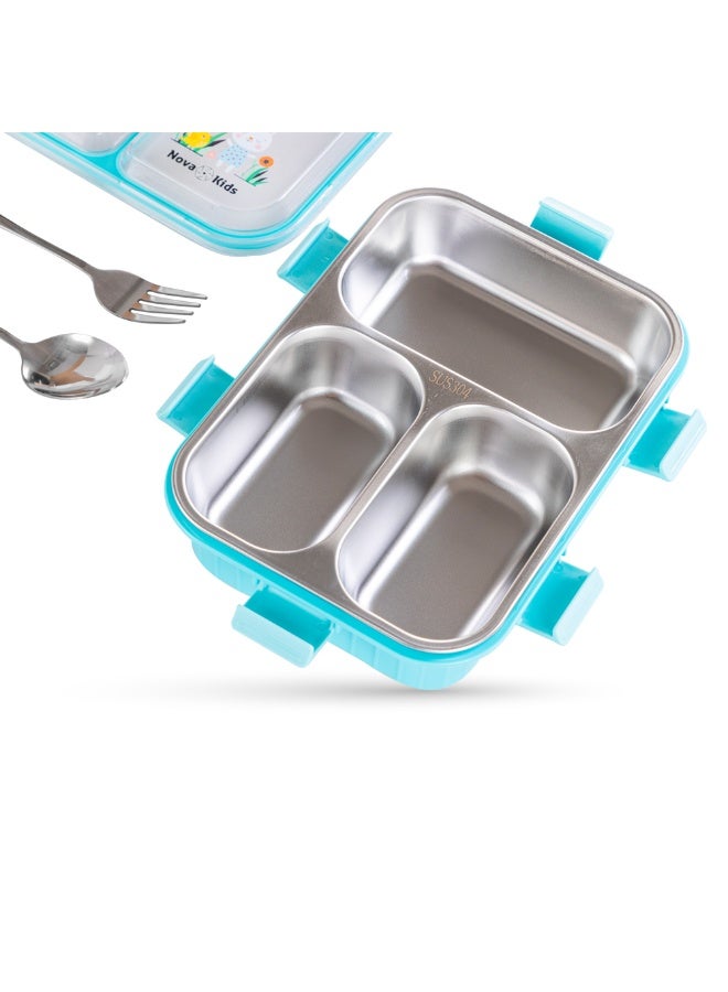 Nova kids صندوق غداء بنتو للأطفال من نوفا ستانلس ستيل 3 أقسام مع زجاجة ماء، مجموعة ملعقة وشوكة - أزرق - Image 5