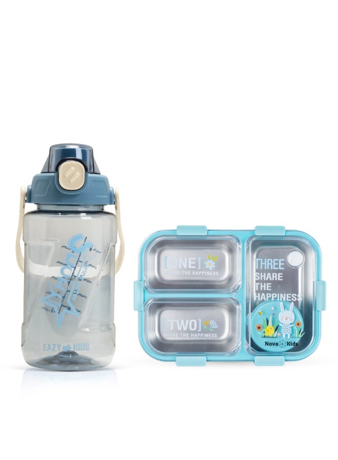 Nova kids صندوق غداء بنتو للأطفال من نوفا ستانلس ستيل 3 أقسام مع زجاجة ماء، مجموعة ملعقة وشوكة - أزرق - Image 1