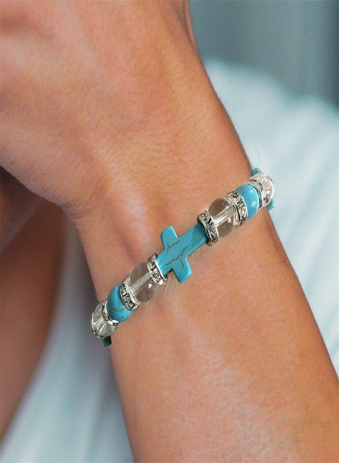 Pingyongchang Inspirational Cross Bracelets for Women Healing Relaxation Crystal Stone Bracelet Gifts for Christian Easter Graduation Birthday Christmas Mothers day Valentines for Her Mom Best Friend-Blue B - Image 4