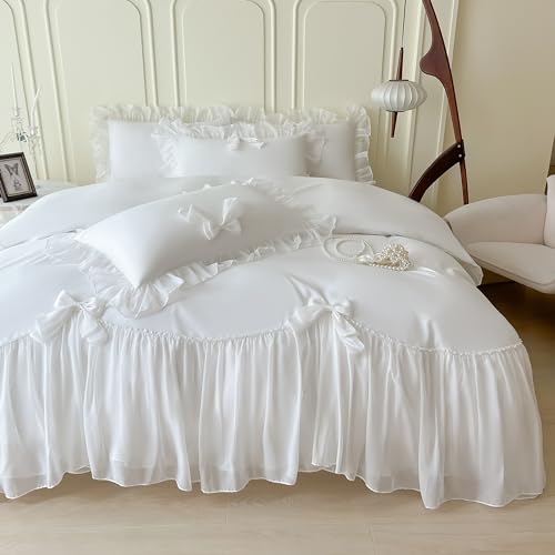 SOUKECHY Ruffled Bedding Bow Duvet Cover Set with Butterfly Tie, Soft Brushed Microfiber Shabby Chic Bedding Set with Zipper Closure-White,Queen - Image 1