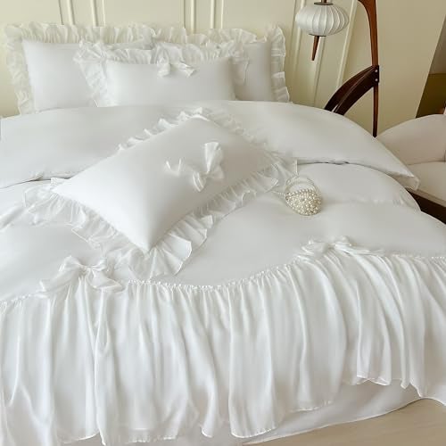 SOUKECHY Ruffled Bedding Bow Duvet Cover Set with Butterfly Tie, Soft Brushed Microfiber Shabby Chic Bedding Set with Zipper Closure-White,Queen - Image 3