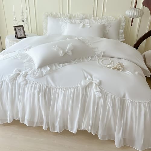SOUKECHY Ruffled Bedding Bow Duvet Cover Set with Butterfly Tie, Soft Brushed Microfiber Shabby Chic Bedding Set with Zipper Closure-White,Queen - Image 5