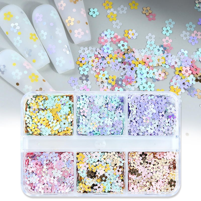 Vezocim Flower Nail Art Glitter Sequins 6 Grids Floral Sparkly Nail Glitter Flakes Designs Shiny Flower Confetti Acrylic Supplies for Women Girls Manicure Charms Holiday Decorations Resin Nail Art Tips - Image 3