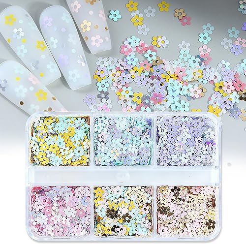 Vezocim Flower Nail Art Glitter Sequins 6 Grids Floral Sparkly Nail Glitter Flakes Designs Shiny Flower Confetti Acrylic Supplies for Women Girls Manicure Charms Holiday Decorations Resin Nail Art Tips - Image 1