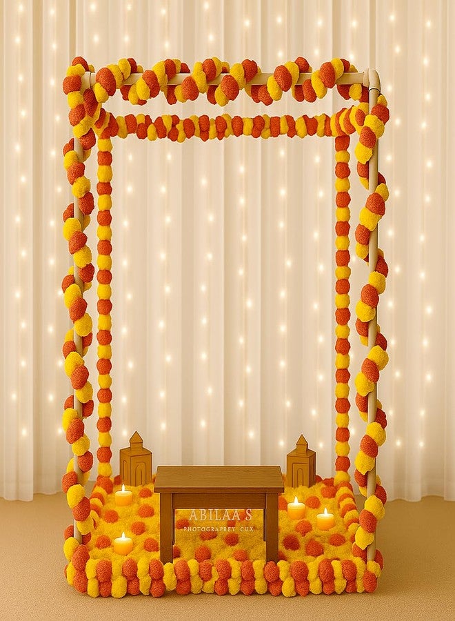 Treewing 25Pcs Pooja Decoration Mandap Tent Pandal with Marigold Garlands for Ganesh Chaturthi Home Decor Cubical Mandap | Ganesh Chaturthi/Durga Pooja/Janamshtami (Mix (Yellow+Orange), 16X16X16Inch) - Image 1