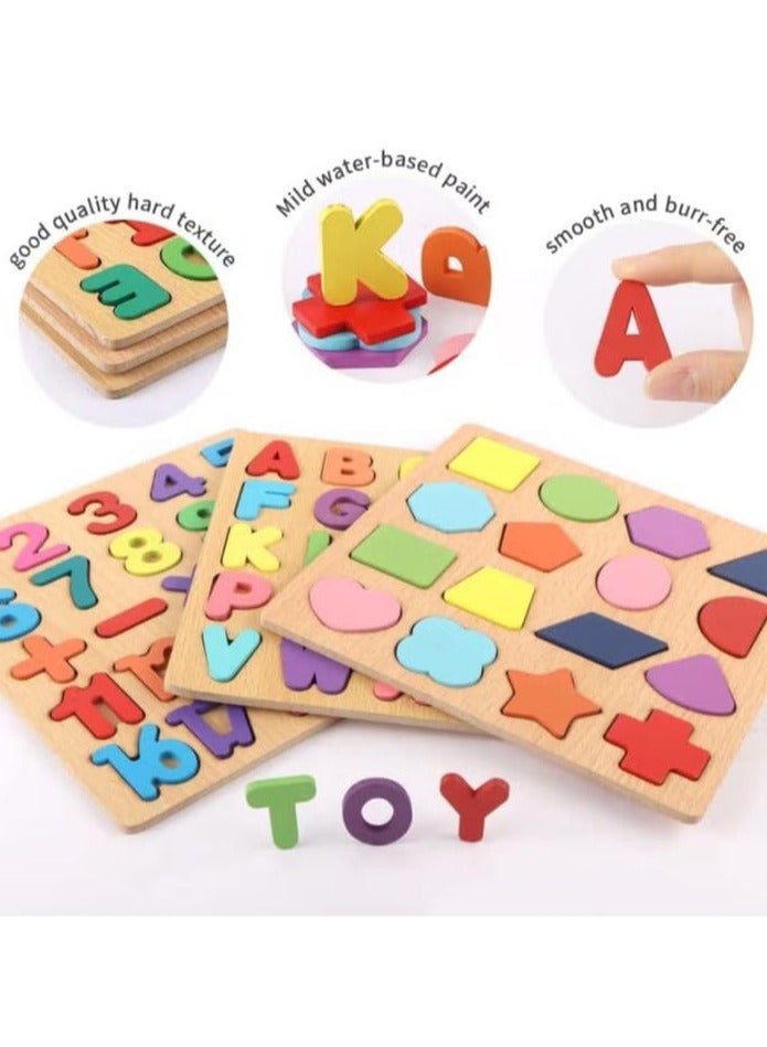 Wooden Educational Puzzle Set for Kids with Alphabet, Numbers and Shapes, 3D Big Letters, Colorful - Image 1