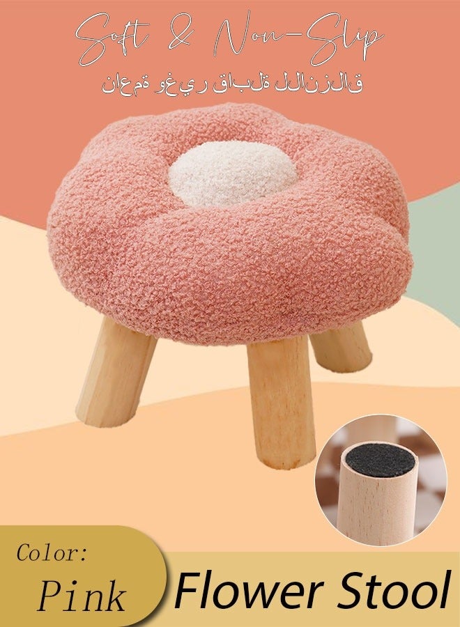 Generic Flower Footrest Stool Solid Wood Under Desk Step Stool Cute Round Stool Multifunctional Shoes Changing Stool For Living Room Bedroom Entryway Pink  - Image 1