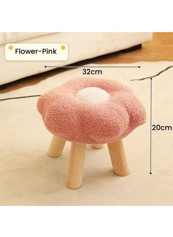 Generic Flower Footrest Stool Solid Wood Under Desk Step Stool Cute Round Stool Multifunctional Shoes Changing Stool For Living Room Bedroom Entryway Pink  - Image 2