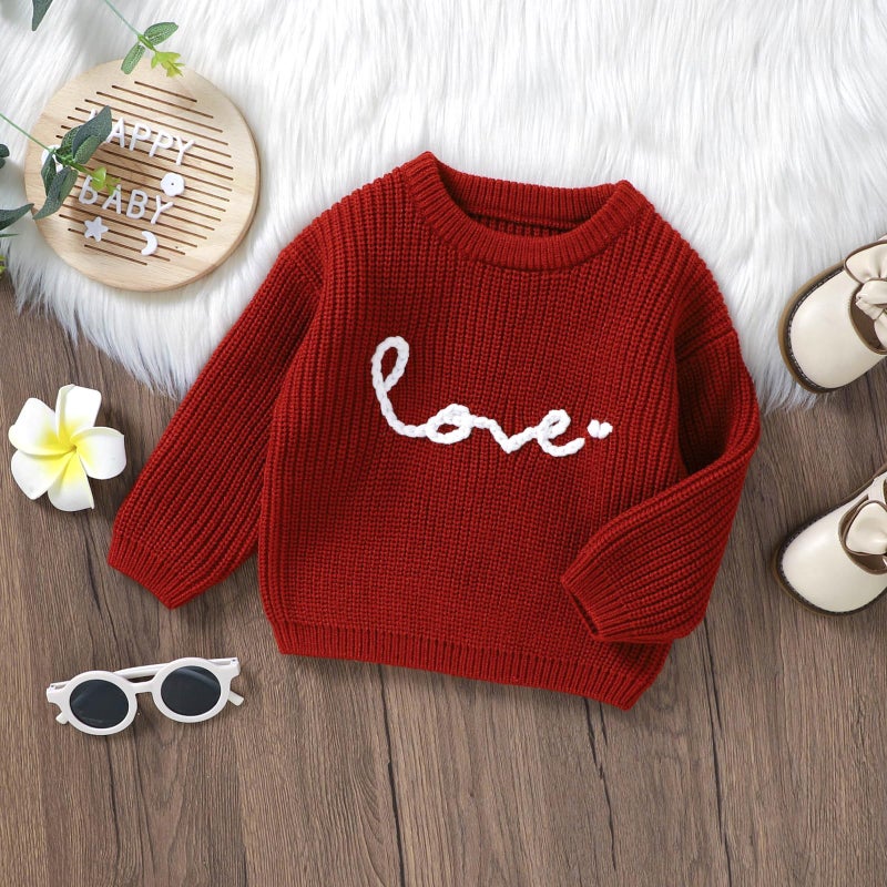 YINGISFITM Toddler Baby Girl Boy Valentines Day Clothes Knit Sweater Shirt Oversized Warm Pullover Fall Cute Outfits (Love Red Sweater, 9-12 Months) - Image 4