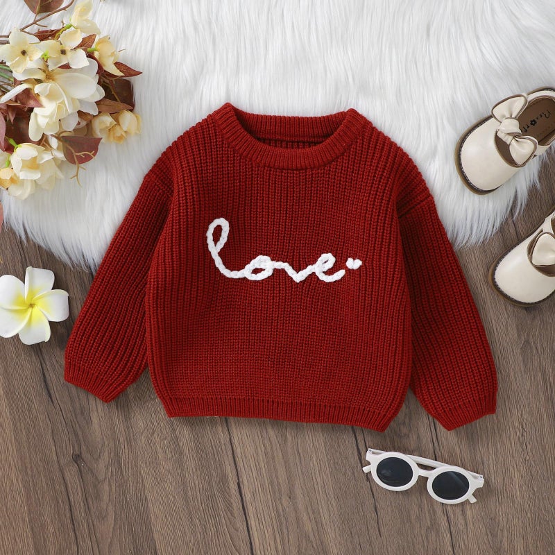 YINGISFITM Toddler Baby Girl Boy Valentines Day Clothes Knit Sweater Shirt Oversized Warm Pullover Fall Cute Outfits (Love Red Sweater, 9-12 Months) - Image 3