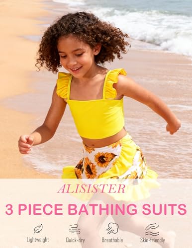 ALISISTER Girls Swimsuit Size 7-8 Bathing Suits 3 Piece Boho Sunflower Printed Little Bikini Tankini Sets with Cover Up Skirt Summer Beach Swimwear 7 Year Old Yellow - Image 5
