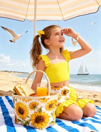 ALISISTER Girls Swimsuit Size 7-8 Bathing Suits 3 Piece Boho Sunflower Printed Little Bikini Tankini Sets with Cover Up Skirt Summer Beach Swimwear 7 Year Old Yellow - Image 2