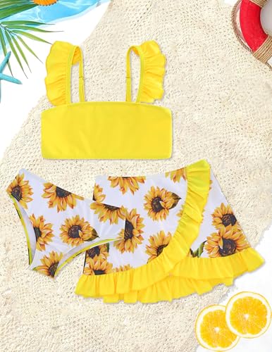 ALISISTER Girls Swimsuit Size 7-8 Bathing Suits 3 Piece Boho Sunflower Printed Little Bikini Tankini Sets with Cover Up Skirt Summer Beach Swimwear 7 Year Old Yellow - Image 3