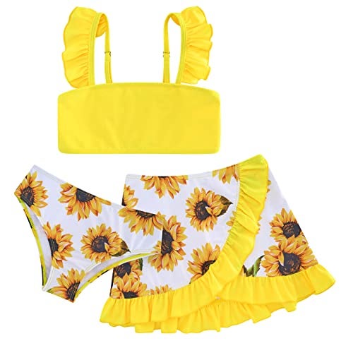 ALISISTER Girls Swimsuit Size 7-8 Bathing Suits 3 Piece Boho Sunflower Printed Little Bikini Tankini Sets with Cover Up Skirt Summer Beach Swimwear 7 Year Old Yellow - Image 1