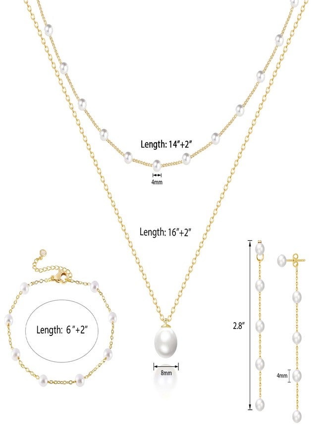 Zeffy Gold Jewelry Set for Women Dainty 14K Gold Plated Pearl Necklace and Earring Set Pearl Drop Earrings Pearl Bracelets Wedding Pearl Jewelry Gift Pearl Jewelry for Brides 4pcs - Image 2