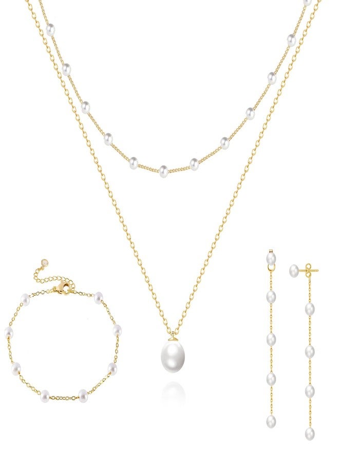 Zeffy Gold Jewelry Set for Women Dainty 14K Gold Plated Pearl Necklace and Earring Set Pearl Drop Earrings Pearl Bracelets Wedding Pearl Jewelry Gift Pearl Jewelry for Brides 4pcs - Image 1