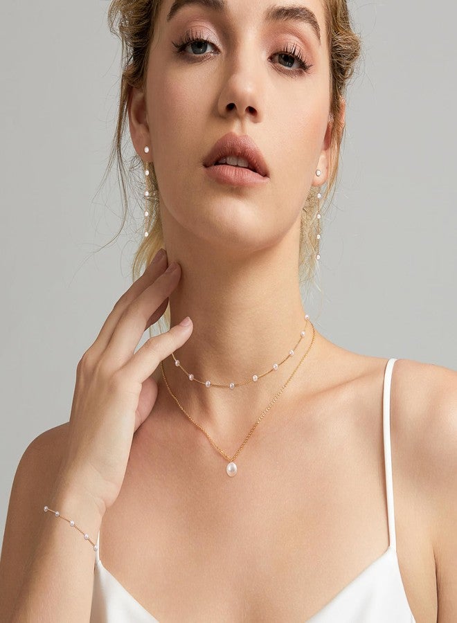 Zeffy Gold Jewelry Set for Women Dainty 14K Gold Plated Pearl Necklace and Earring Set Pearl Drop Earrings Pearl Bracelets Wedding Pearl Jewelry Gift Pearl Jewelry for Brides 4pcs - Image 3