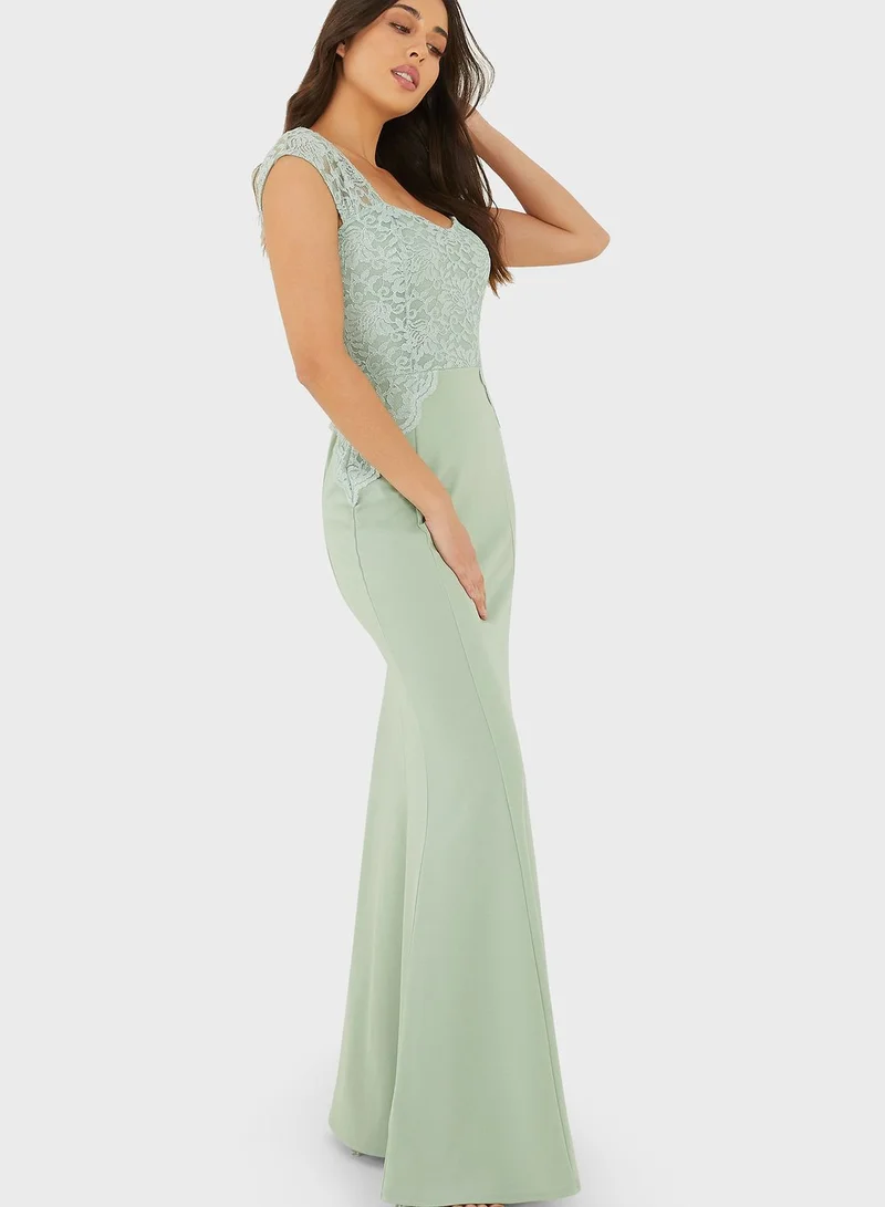 QUIZ Glitter Lace Ruched Cap Sleeve Maxi Dress