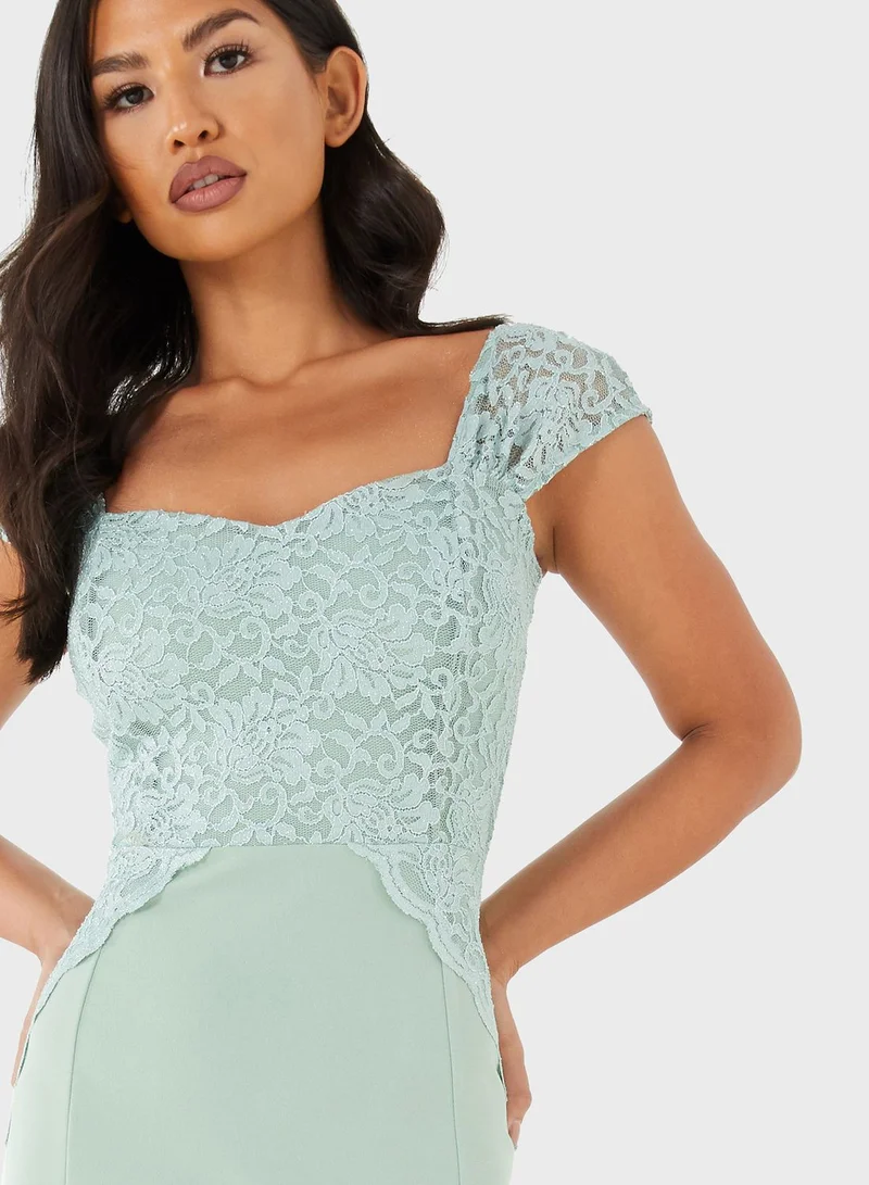 QUIZ Glitter Lace Ruched Cap Sleeve Maxi Dress