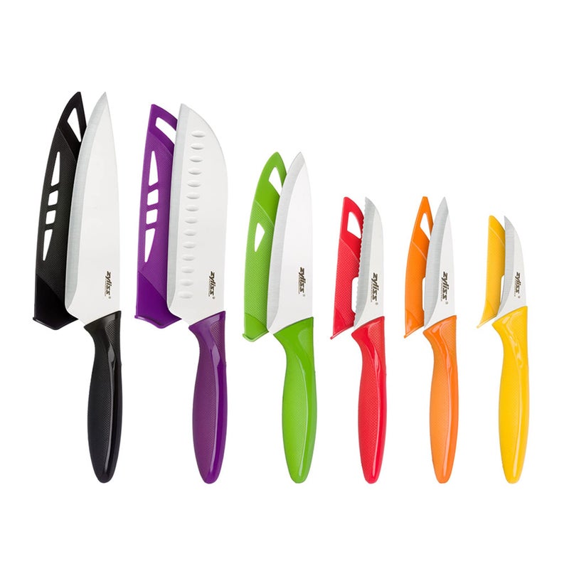 zyliss Zyliss 6 Piece Knife Value Set - Kitchen Knife Set with Sheath Covers - Chef's, Santoku, Utility, Serrated Paring, Paring & Peeling Knives - Stainless Steel  - Image 1