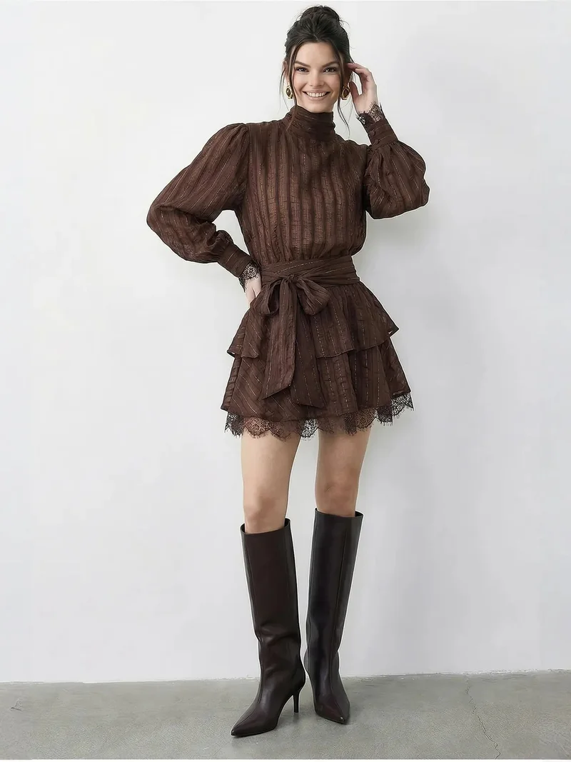 Bianco Lucci Dark Mocha Brown LUCCI Textured Mini Dress with Half Turtleneck and Lace Detail for Women | Best Price UAE