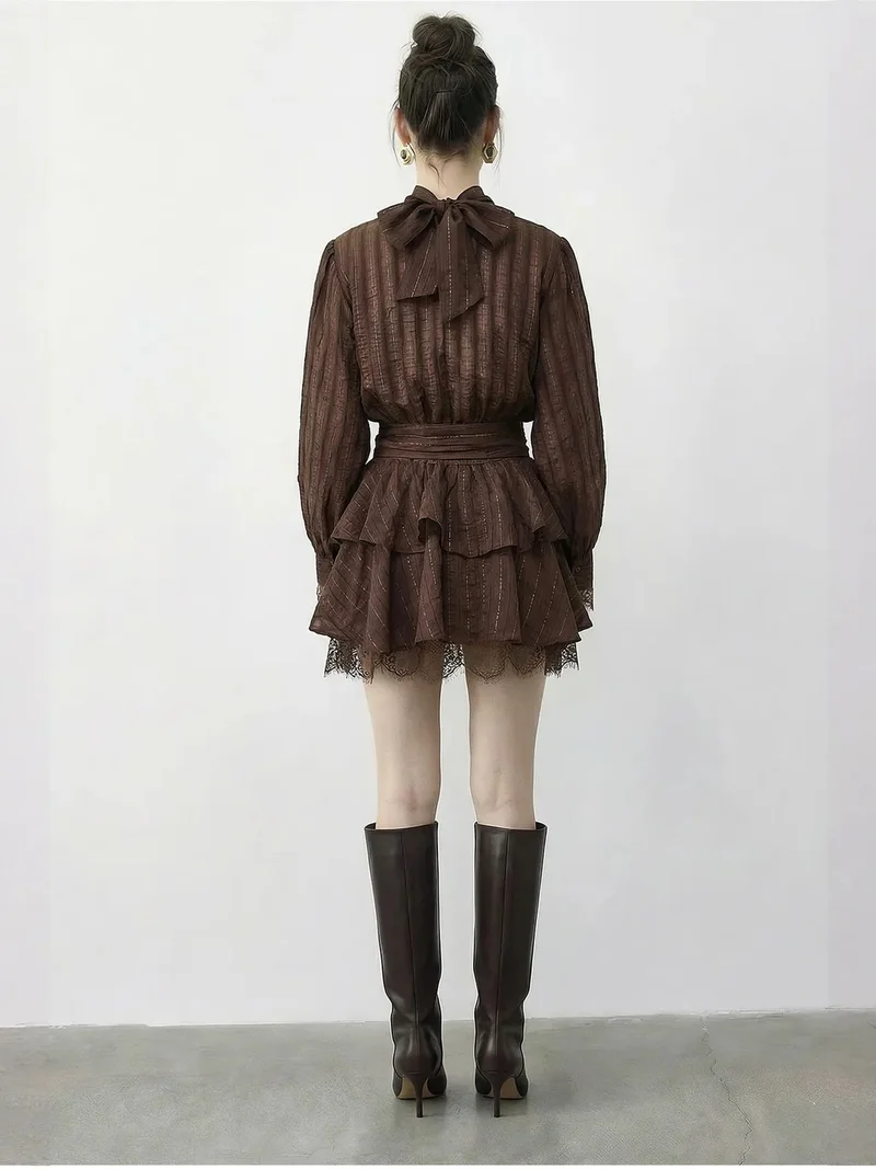 Bianco Lucci Dark Mocha Brown LUCCI Textured Mini Dress with Half Turtleneck and Lace Detail for Women | Best Price UAE