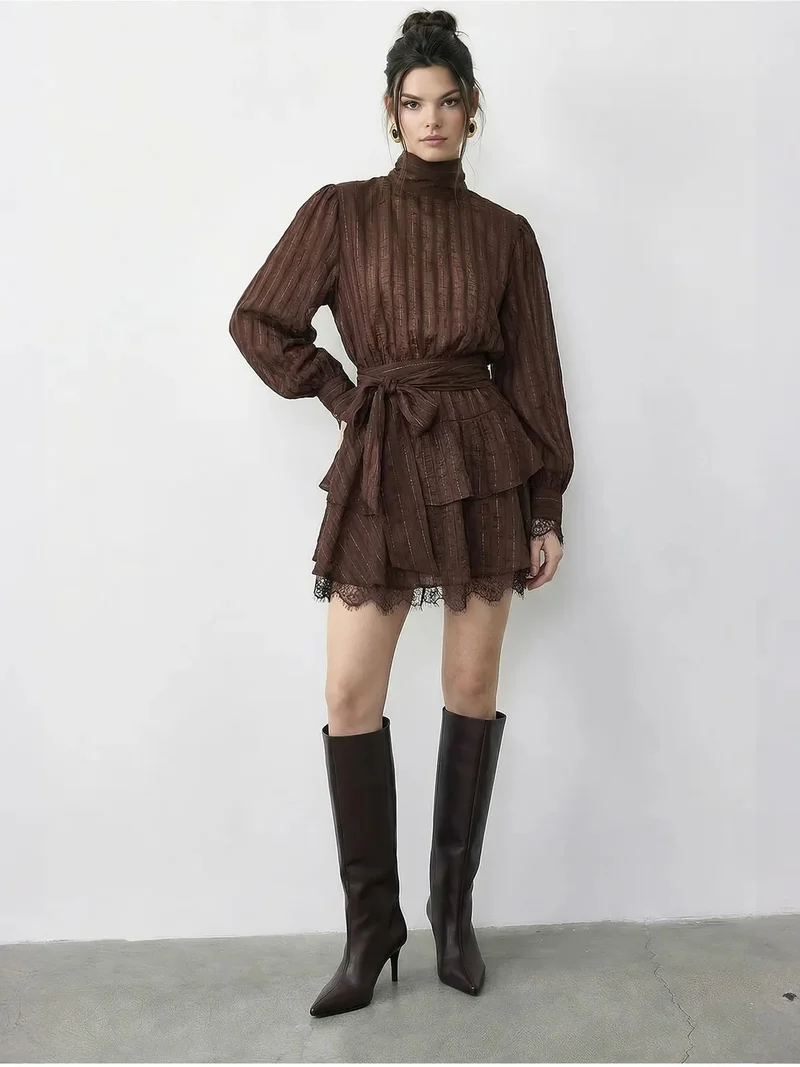 Bianco Lucci Dark Mocha Brown LUCCI Textured Mini Dress with Half Turtleneck and Lace Detail for Women | Best Price UAE
