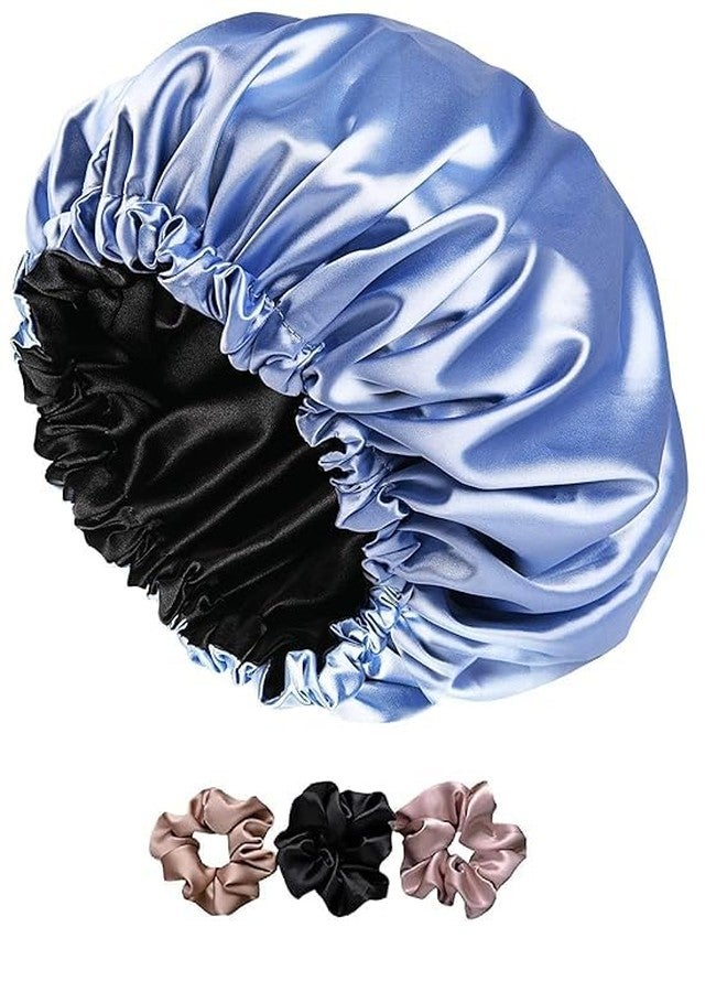 ANASVI Silk Hair Cap for Sleeping with 3 Satin Scrunchies | Satin Bonnet for Curly Hair | Adjustable Silk Bonnet | Shower Sleep Cap for Women, Girls (Sky Blue) - Image 1