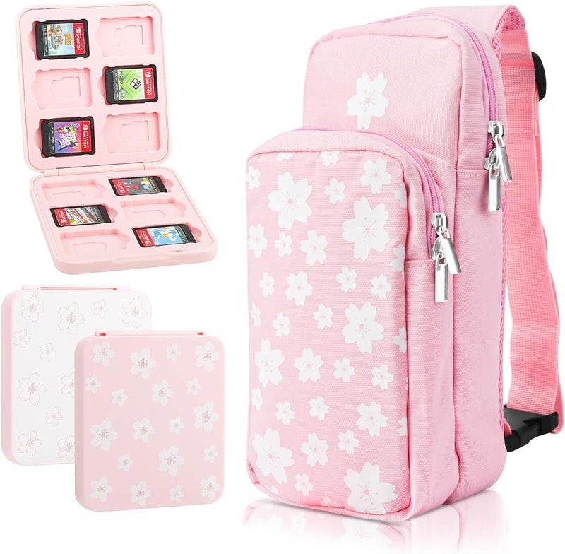 GLDRAM Travel Bag Bundle for Nintendo Switch, Cute Carrying Case for Switch Lite & Switch OLED, Shoulder Bag Accessories Kit for Switch with Game Case, Thumb Grip Caps (Pink Sakura) - Image 1