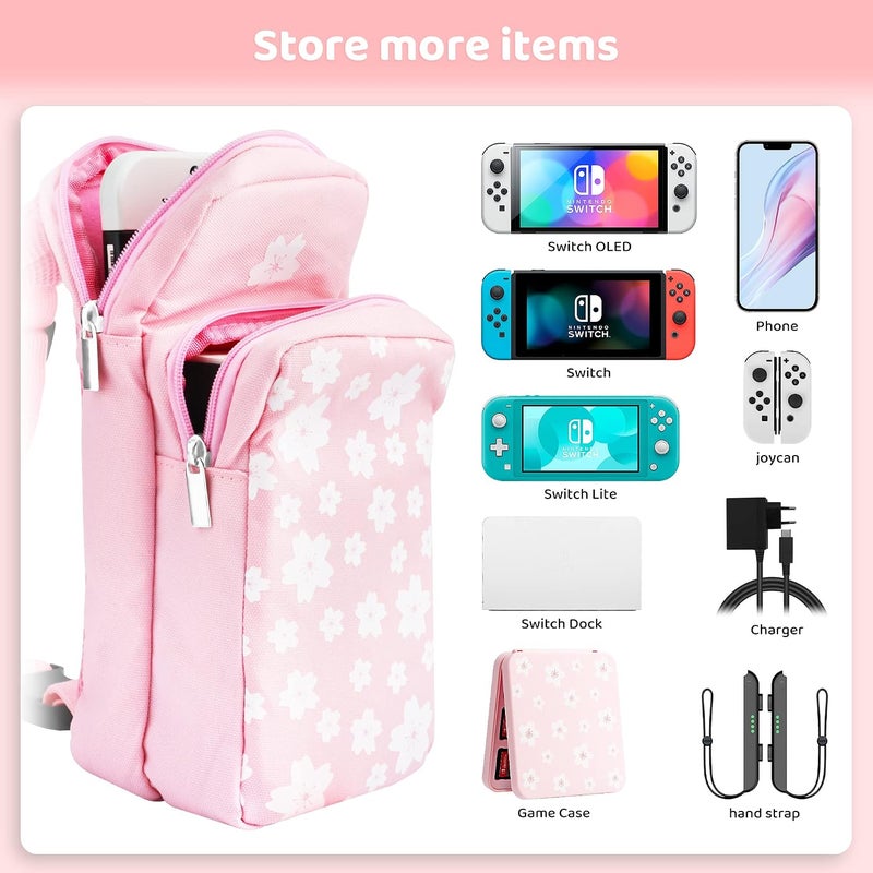 GLDRAM Travel Bag Bundle for Nintendo Switch, Cute Carrying Case for Switch Lite & Switch OLED, Shoulder Bag Accessories Kit for Switch with Game Case, Thumb Grip Caps (Pink Sakura) - Image 5