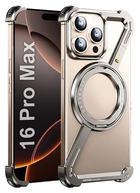 (for iPhone 16 Pro Max) Case 360° Rotation, Aluminum and Metal Stand, Frameless, Shock Grade Protective Case