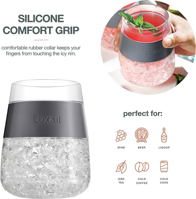 luxail Wine Glasses, Plastic Wine Glasses Set of 2, Wine Gifts, Double Wall Insulated Freezer Tumbler, Stemless cups for Red and white Wine, 8.5 Oz, Grey - Image 2