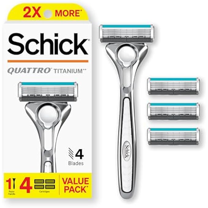 Schick Quattro Titanium Razor 1 Razor Handle and 4 Cartridges  Shaving Razors for Men 4 Blade Mens Razors for Shaving Razor Blades for Men 1 Handle with 4 Razor Blades Refills - Image 1