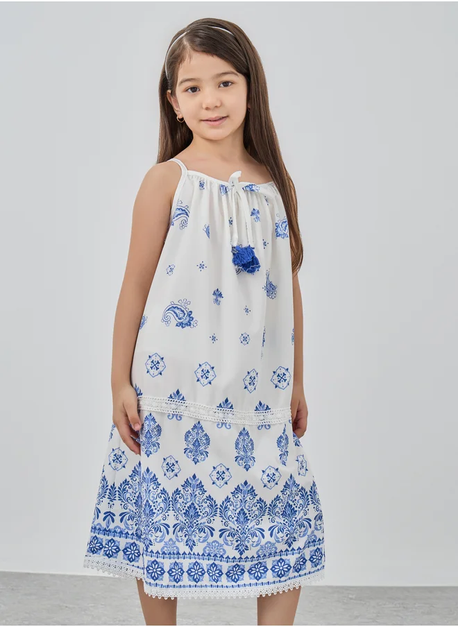 ستايلي Styli Girls Printed Strappy A-Line Dress with Bow Detail