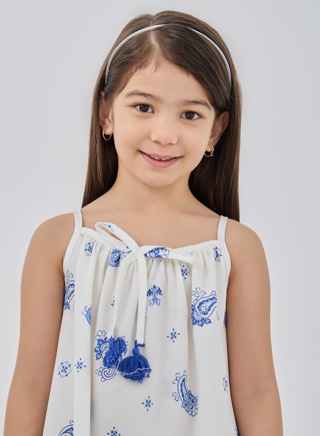 Styli Girls Printed Strappy A-Line Dress with Bow Detail - Image 3