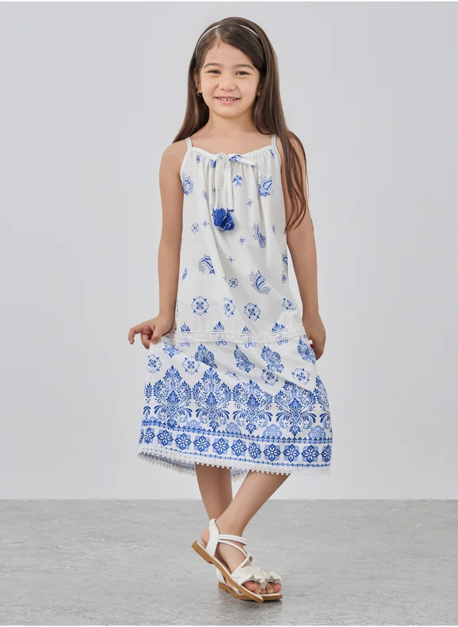 ستايلي Styli Girls Printed Strappy A-Line Dress with Bow Detail