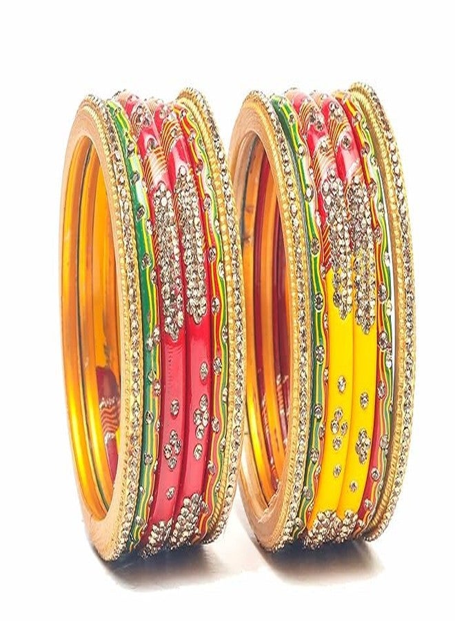 BANGLESKART Lah/Lac bangles red,yellow and green color Set, LAHTHI Churi zircon work for Women and Girls(12pcs) (2.6) - Image 1