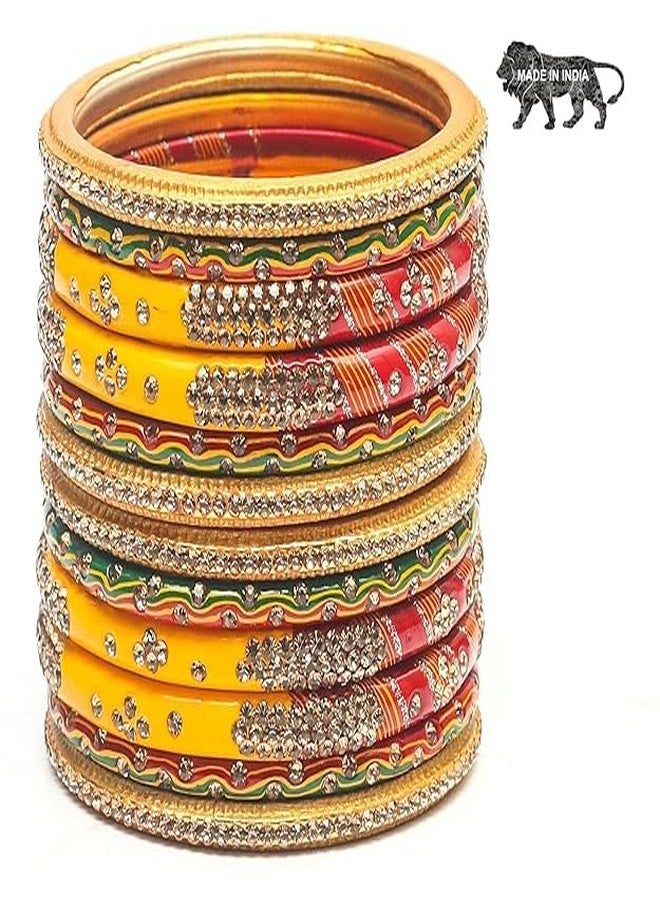 BANGLESKART Lah/Lac bangles red,yellow and green color Set, LAHTHI Churi zircon work for Women and Girls(12pcs) (2.6) - Image 4