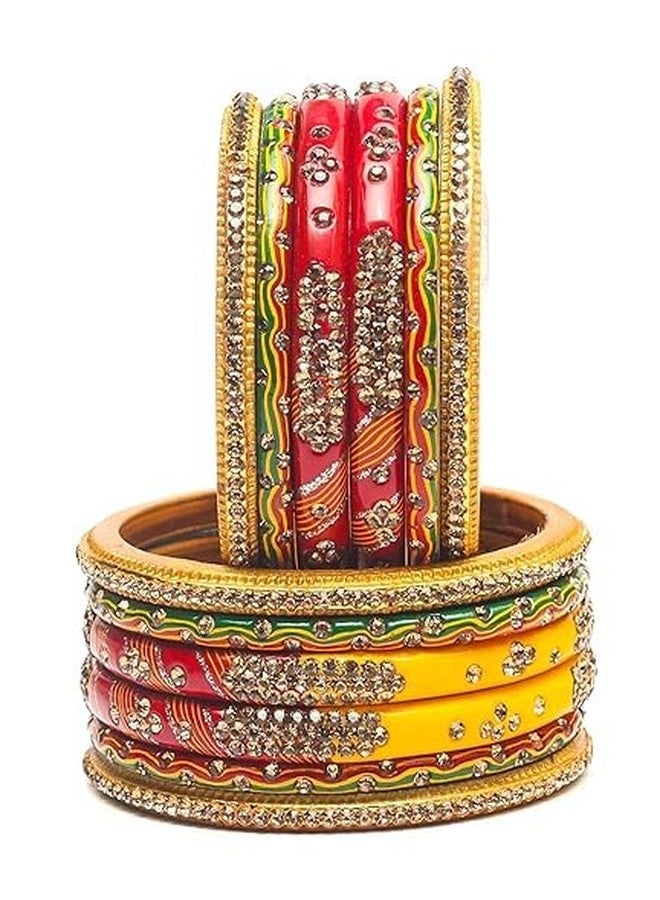 BANGLESKART Lah/Lac bangles red,yellow and green color Set, LAHTHI Churi zircon work for Women and Girls(12pcs) (2.6) - Image 3