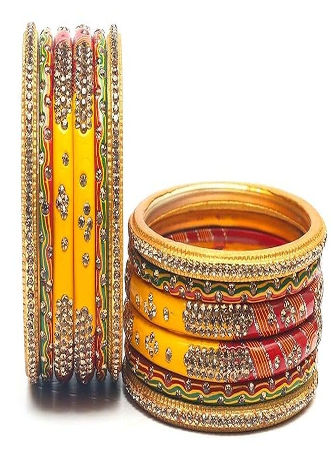 BANGLESKART Lah/Lac bangles red,yellow and green color Set, LAHTHI Churi zircon work for Women and Girls(12pcs) (2.6) - Image 5