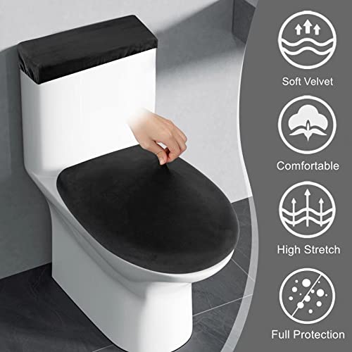 AZHCHKE Stretch Velvet Toilet Lid Cover and Toilet Tank Lid Cover, Bathroom Super Soft Toilet Lid Cover Set Luxury Velvet Plush, with Elastic Bottom, Machine Wash, Black - Image 2
