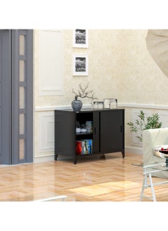 RIGID Steel TV Stand Storage Cabinet with Wooden Top Black 92.5x120x60cm  - Image 1