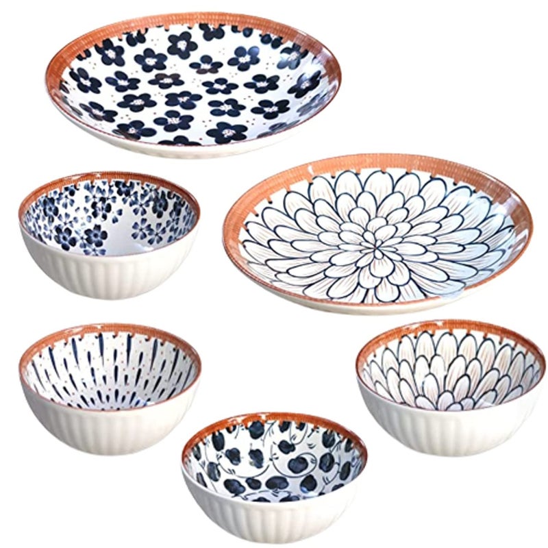 Eletree Dinner Serving Ramen Bowls,Beutiful Ceramic Japanese Style Bowls with Gift Box Set Apply to Soup,Pasta, Salad,Ice Cream,Rice,Side Dishes,Yogurt(Set of 6-(4-Bowl,2plate)) - Image 1
