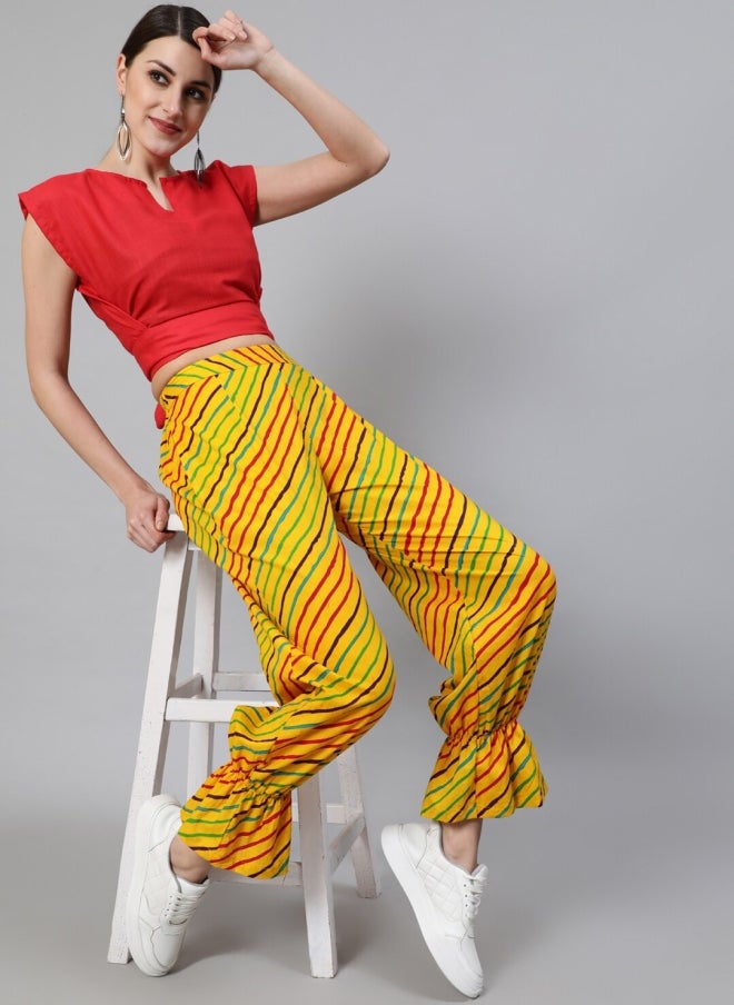 AKS Yellow Striped Flared Palazzos for Women - Image 4