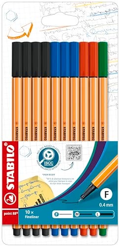 STABILO Fineliner point 88 Pack of 10 Office Colors 4 x Black 3 x Blue 2 x Red 1 x Green - Image 1